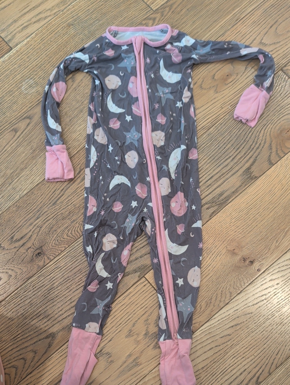 Little Sleepies Gray Moon & Stars Footie with Pink Trim